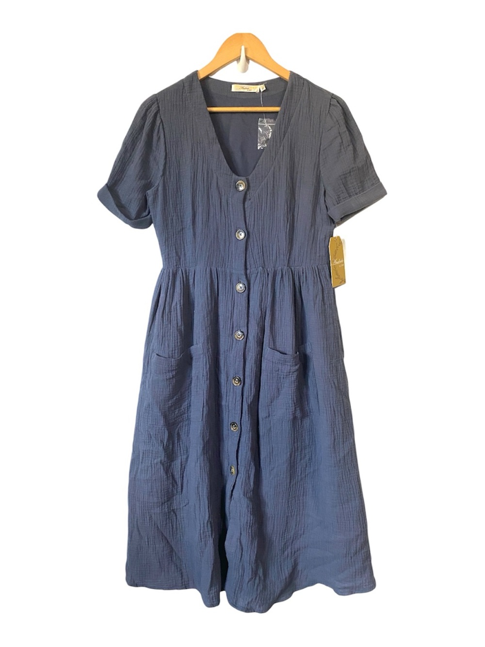 NWT Andree by Unit Charcoal Gray Cotton Gauze Button Down Midi Dress Size Small